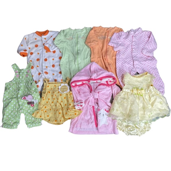 Baby girl size newborn pajamas, robe, overalls, dress bundle of 8 outfits - Picture 1 of 16